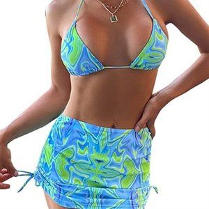 Wrap Triangle Bikini Bathing Suits with Mesh Beach Skirt 3 Piece Swimsuits